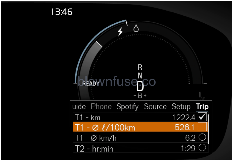 The illustration is generic. The App menu in the instrument panel can be used instead of the center display and is then controlled using the right-side steering wheel keypad. The app menu makes it easier to switch between different apps or functions within the apps without having to let go of the steering wheel. App menu functions Different apps provide access to different types of functions. The following apps and their functions can be controlled from the App menu: App Functions Trip computer Select a trip odometer, change instrument panel display settings, etc. Media player Select active source for media player. Phone Call a contact from the call list. Navigation Guide to destination, etc.